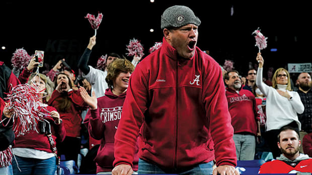 An Alabama fan expresses his feelings at the national title game against Georgia.